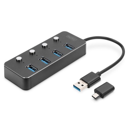 DIGITUS HUB USB 3.0, 4 PORTE, ATTIVABILE, ALLOGGIAMENTO IN ALLUMINIO