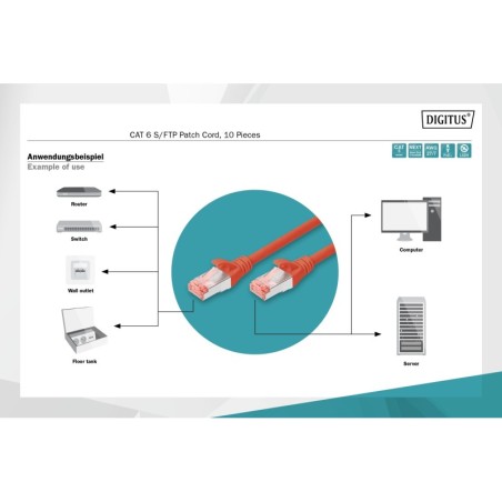 CONFEZIONE 10 CAVI CAT 6 SCHERMATI S/FTP MT 0,25 COLORE ROSSO DIGITUS
