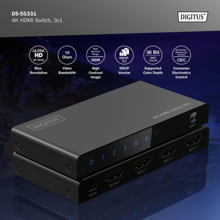 3X1 HDMI SWITCH, 4K/60HZ HDCP 2.2