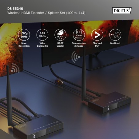 ESTENSORE HDMI WIRELESS / SPLITTER SET 1X4, 100 M, FULL HD